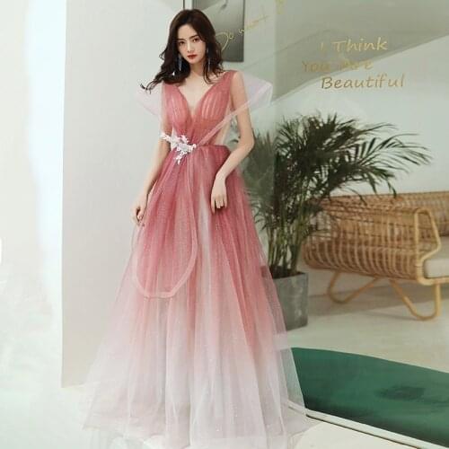 V-neck Evening Dresses New Pleat Illusion Watermelon Gradient A-lineg Floor-length Sleeveless Plus size Formal Party Dress A122