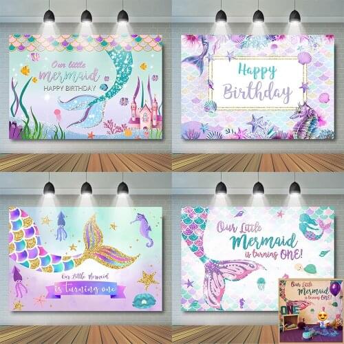 Girls Mermaid Photography 1st Birthday Under the Sea Backdrop Portrait Kids Princess Party Banner Age Custom Vinyl Photostudio