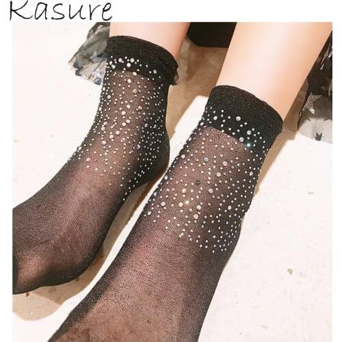 KASURE High Fashion Transparent Mesh Sock With Shiny Crystal Stone For Women Girls Glitter Silver Short Ankle Socks For Women