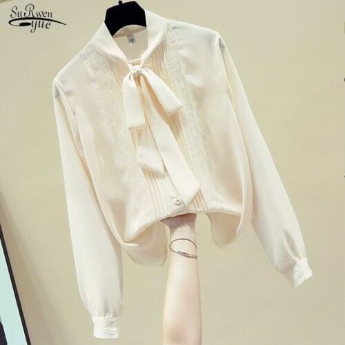 2020 Autumn and Winter New Fashion Long Sleeve Bow Tie Shirt Women Clothing Loose Chiffon Lace Shirt Womens Blouse Tops 11224