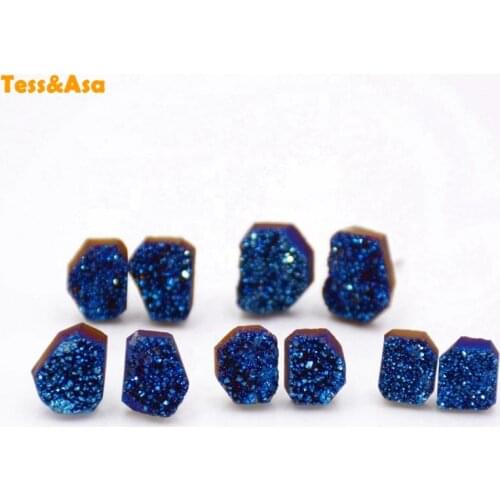 925 sterling silver Natural blue druzy stud earrings freeform crystal drusy shiny stud earrings gems stone charms for girl