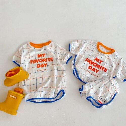 7295 Children Clothes Twins Clothes 2021 Korean Short Sleeve T-shirt + Shorts Boys 2pcs Suit or Girls' Dress 1-7T Kids Clothes