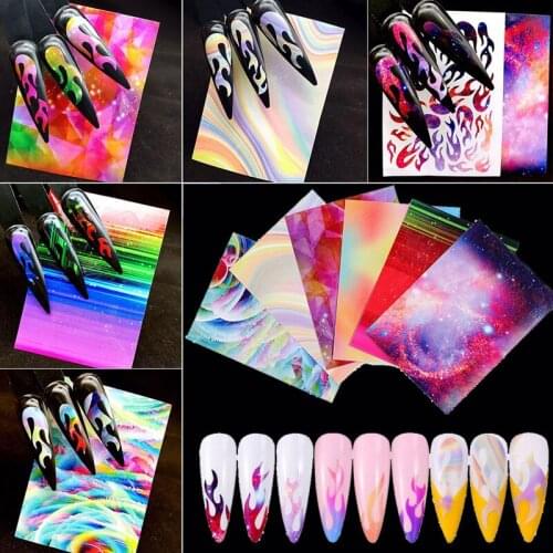 Holographic Colorful Nail Foil Flame Nail Art Transfer Self Adhesive Flame Nail Decals Slide Nail Art Decals 3D Nails DIY Foil