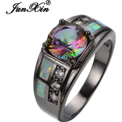 JUNXIN Size 6/7/8/9 Jewelry Rainbow Opal 10KT Black Gold Filled Round Colorful Zircon Stone Wedding Ring