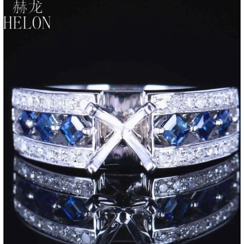 HELON Round 6.5mm Solid 14k White Gold 0.7ct Natural Diamond & Princess Sapphires Semi Mount Engagement Ring Women Fine Jewelry
