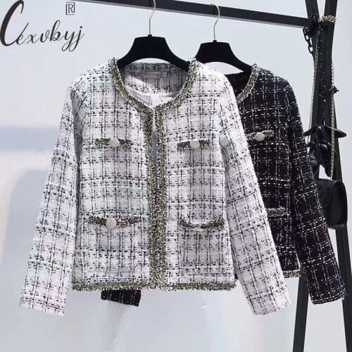 Korean Fashion O-Neck Vintage Jacket Women Plaid Long Sleeve Cardigans Coat Spring Autumn Patchwork Outwear Tassel Tweed Coat