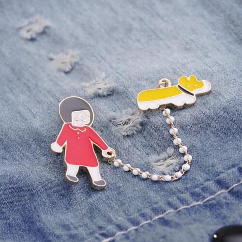 Creative Friends Dripping Brooch Cute Art Cartoon Girl Dog Balloon Jump Dangle Chain Badge Brooch Pin Clothes Scarf Jewelry