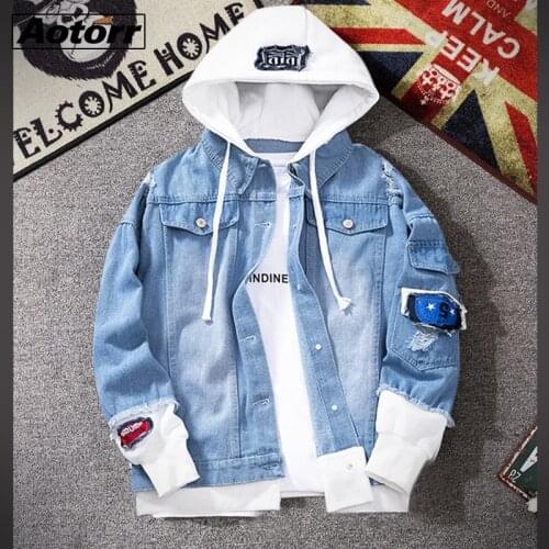 New Mens Denim Jacket Hooded Trendy Fashion Hip Hop Streetwer Ripped Denim Jacket Men Jeans Jacket Cowboy Coats Man Clothing