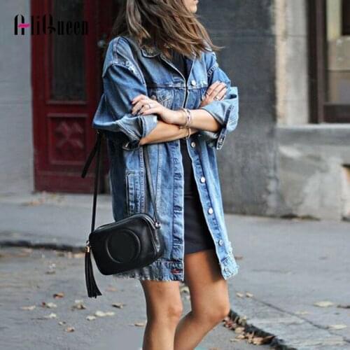 Autumn Holes Frayed Women Loose Denim Jackets Female Vintage Plus Size Buttons Long Jean Jacket Casual Streetwear Coat Outwear