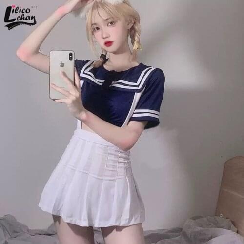 Lilico Japanese Lovely Gym Suit School Girl Cosplay Costume Sexy Student Sailor Uniform Cheerleader Short Top with Strap Skirt