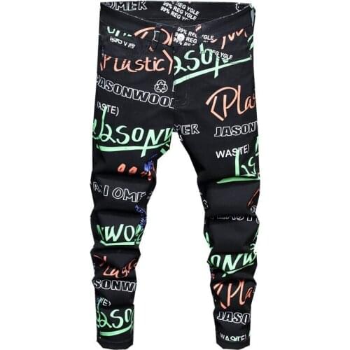 Mens Black Jeans Fantastic Patterns Slim Comfortable Stretch Cotton Denim Hiphop Pants Fashion Letters Print Casual Trousers