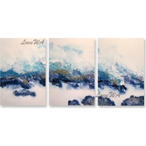 Real Hand Painted 3PCS Group Oil Painting Unframed Blue Abstract Design Canvas Wall Decor Panel Art Wall Hanging Showpieces Art
