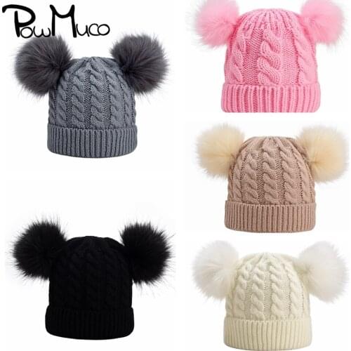 Powmuco 18*14 CM Solid Color Knitted Wool Baby Girls Hats Cute Double Pompom Caps Autumn and Winter Warm Headwear Infant Gifts