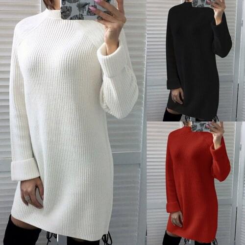 2020 Autumn Winter New Style Elegant High neck Long Sleeve Womens Mini Dress For New Year Casual loose Solid Ladies Knit Dress