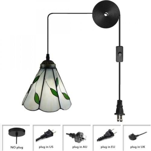 Tiffany Style Pendant Ceiling Light White Glass Shade Decorated with Leaves Pastoral Pendant Lamp Plug In Hanging Lighti