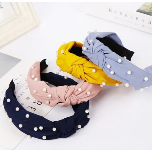 2021 Korea Hair Accessories for Women Mesh Yarn Pearl Beaded Lovely Hairband Flower Bows Double Knot Wide Headband