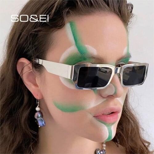 SO&EI Fashion Rectangle Sunglasses Women Vintage Metal Trending Eyewear Men Shades UV400 Square Dark Green Sun Glasses