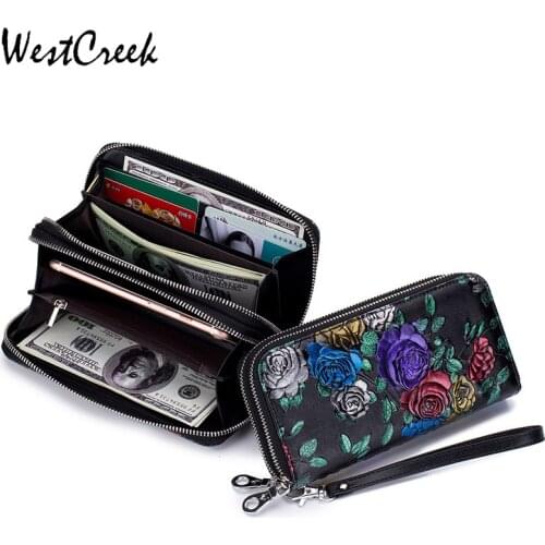 WESTCREEK Brand RFID Women Long Flower Leather Wallets Casual Double Zipper Female Card Holder Lady Wristband Clutch Coin Purse