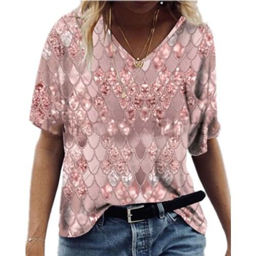 Women Fish Scale Shape Sequins Jacquard Printed V Neck T Shirt Gradient Summer Tees Pullover Loose Casual Ladies Tops Spring