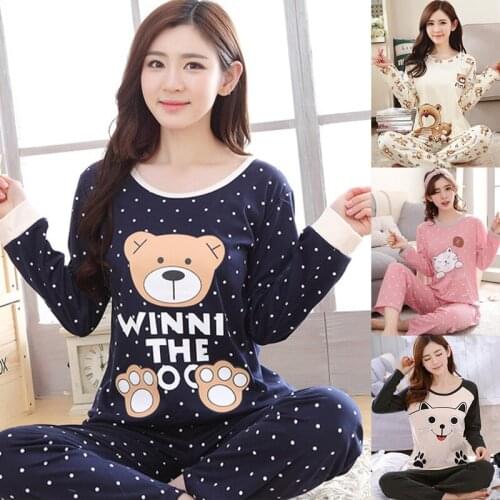 Womens 2PCS/Set Cute Print Pajamas Long Sleeve Woman Pajamas Cartoon Femme Pyjamas Sleepwear Tops Pants