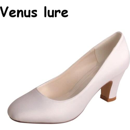 23 Colors Round heel White Color Satin Womens heels for weddings Block Heel
