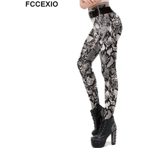 FCCEXIO Women Pants Sexy Tight Leggings Classic Snake Skin Print Female Casual Costume Workout Fitness Leggings Push Up Trousers