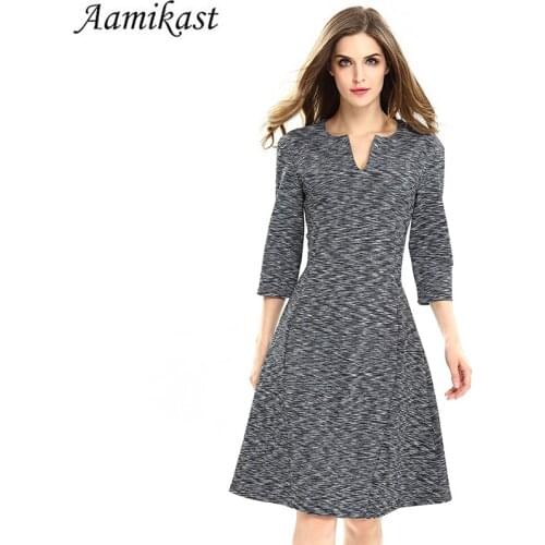 Aamikast Womens Elegant Applique Embroidery V-neck Office Dresses Bodycon Female 3/4 Sleeve Sheath Vintage Women Dresses