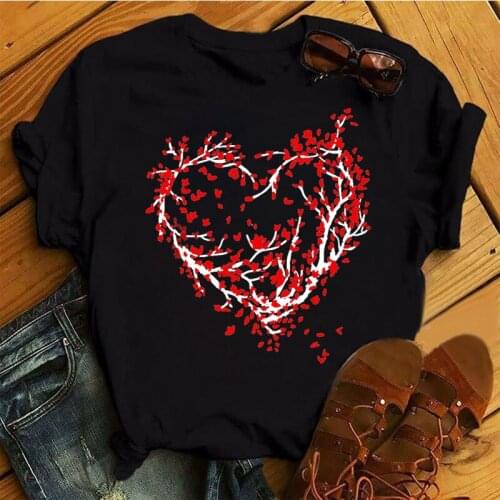 Simple red love printing womens fashion tops T-shirts round neck womens casual T-shirts new womens tops