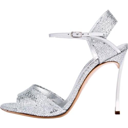 Metal Heels Sliver Black Sequins Peep Toe Bling Bling Woman Wedding Sandals Buckle Strap Thin Heels Dress Shoes Lady High Heels