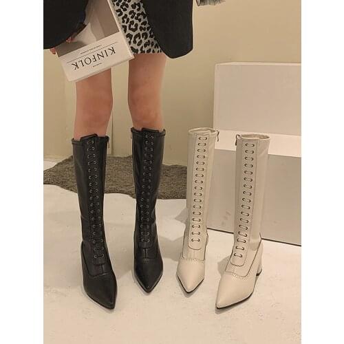 Womens shoes high boots 2020 new winter fashion casual pointed toe zipper lace long knight boots