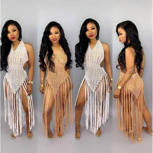 New style woman sex appeal Hollow out hangs neck to knit perspective tassel beach long style dress two kinds of wear method