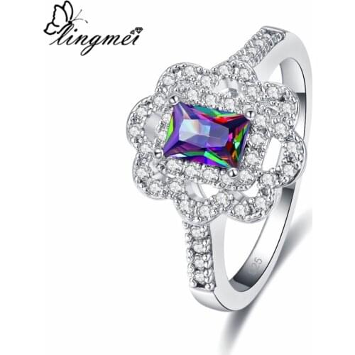 Lingmei Women Fashion Classic Multi & White & Purple Zircon Silver Color Ring Size 6-9 Jewelry For Women Pretty Wedding Band