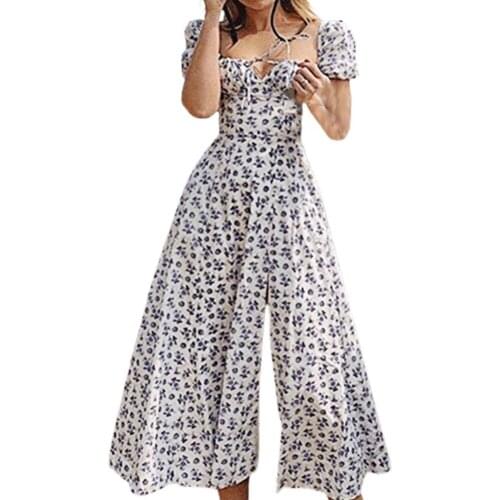 New Stylish Summer Women Floral Print High Split Puff Short Sleeve Square Neck Midi Dress Streetwear