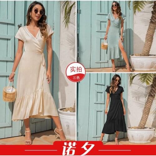 Dress Women Summer United States ladies summer collection v-neck irregular bind contracted Dresses Casual Vestidos LHX1056