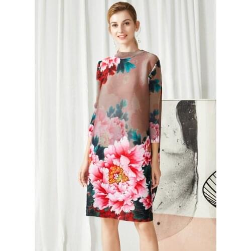 Issey Miyake pleated woman dress half high collar 2021 autunmn three-quarter sleeves loose pluse size A-line ptint dress red