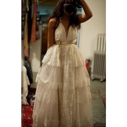 Sexy V-Neck Lace Tiered Skirt A-Line Wedding Dresses Criss Cross Straps Back Boho Bridal Gowns wedding gowns Vestido De Novia