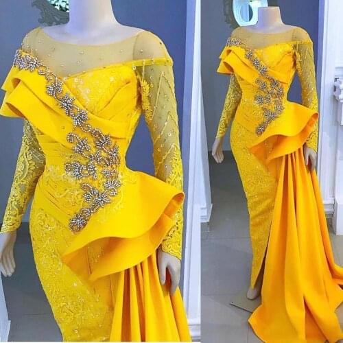 Robe De Soiree Yellow Long Sleeves Tulle Mermaid Beaded Prom Dresses Custom Made Evening Formal Party Gown вечернее платье 2020