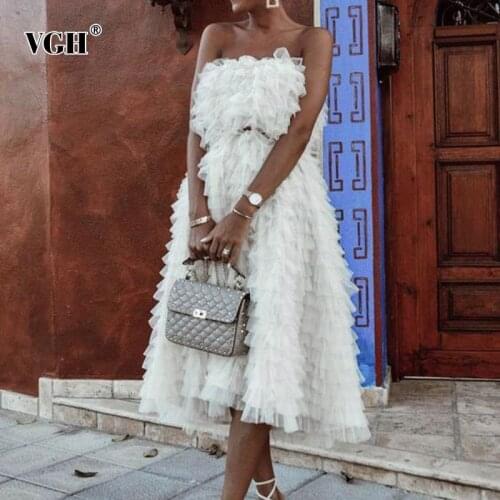 VGH Elegant Evening Party Women Dress Strapless Sleeveless High Waist Cascading Ruffle Ball Gowmn Dresses Female Fashion Clothes