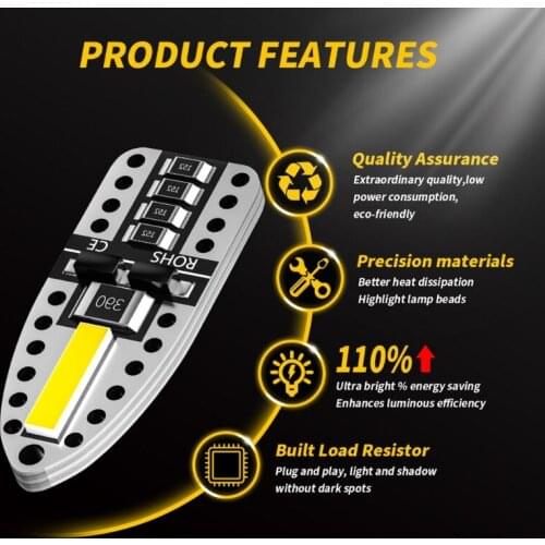10Pcs T10 W5W LED Bulb Canbus 194 168 LED Super Bright Car Interior Light License Plate Signal Lamp