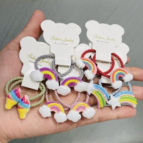 2Pcs/Set Girls Rainbow Ice Cream Rubber Elastic Hair Bands Children Ponytail Holder Scrunchie Headband Kids Hair Accessories
