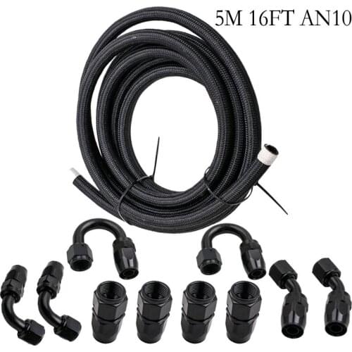 5M 16FT AN10 Nylon Braided Gas/Oil/Fuel Hose Line with 10PCS Hose End Fitting Kit /Steel Fuel Line Black Oil Cooler Hose Tubing