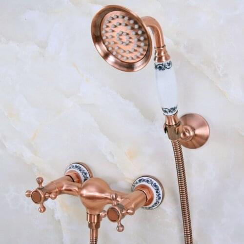 Antique Red Copper Brass Ceramic Base Dual Cross Handles Wall Mounted Bathroom Hand Held Shower Head Faucet Set Mixer Tap ana293