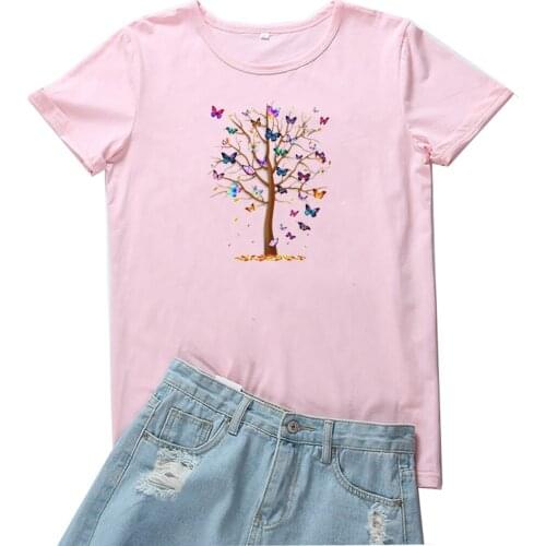 Butterfly Tree T Shirt Women Aesthetic Printing Tee Women Funny Round Neck Women T-shirts Harajuku Clothing Tee Shirt Femme Tops