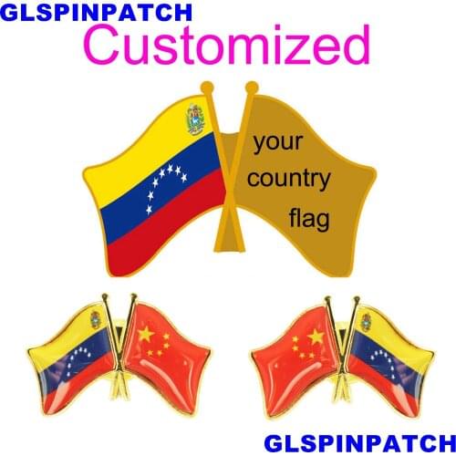 Venezuela Crossed Friendship Flag Double Country lapel pin Brooch USA UK France Chile Russia Saudi Arabia Japan Spain Badge