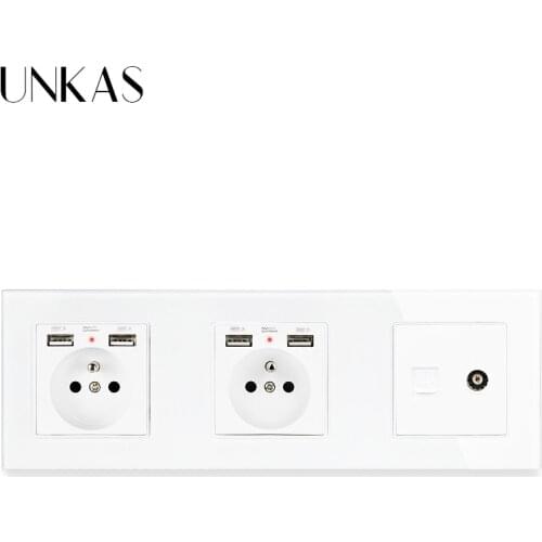UNKAS Glass Panel Dual French Standard Socket With 4 USB Charging Port + TV Television Connector RJ11 Telephone Jack 258mm*86mm