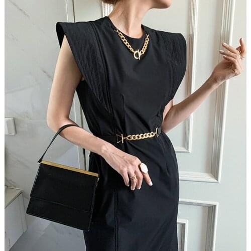 Korea Chic Temperament Elegant Round Neck Chain Decoration Detachable Waist Split Fly Flying Sleeve Dress with Belt