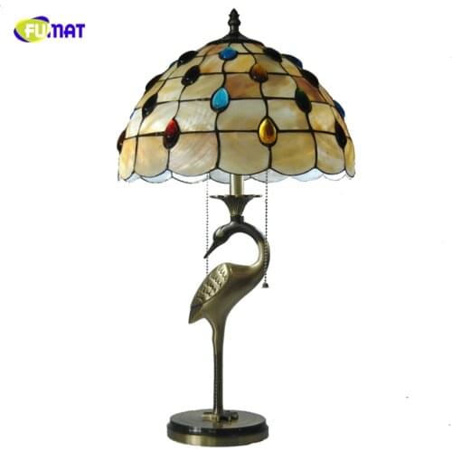FUMAT Tiffany Peacock Tail Stained Glass Table Lamp Natural Shell Lampshade Crane Shape Lampholders Table Lights Bedroom Lights