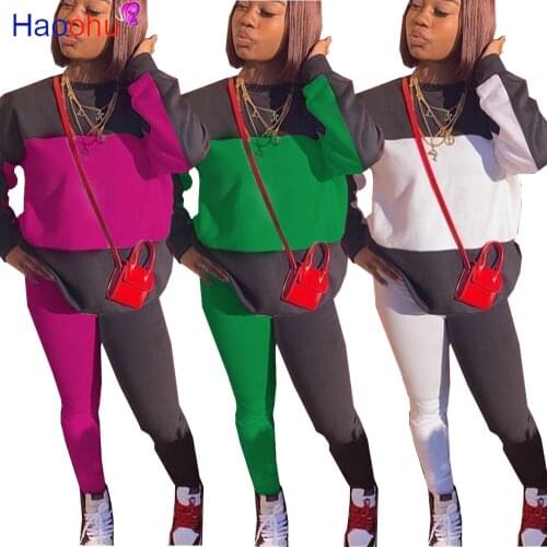 HAOOHU Contrast Tracksuit 2pcs Women Set Long Sleeve Top Sweatshirt+Jogger Pants Two Pieces Sets Women Clothing Suits Female