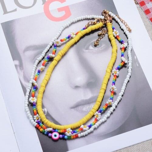 Fashion Clay Seed Beads Strand Necklace Women Bohemian Multi-Layer Evil Eye Daisy Flower Choker for Girls Charm Party Jewelry