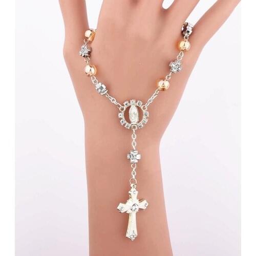 Explosive Catholic Rosary Bracelet Golden Imitation Pearl Christ Cross Jesus the Virgin Mary Chain Pandent Bracelet for Girls